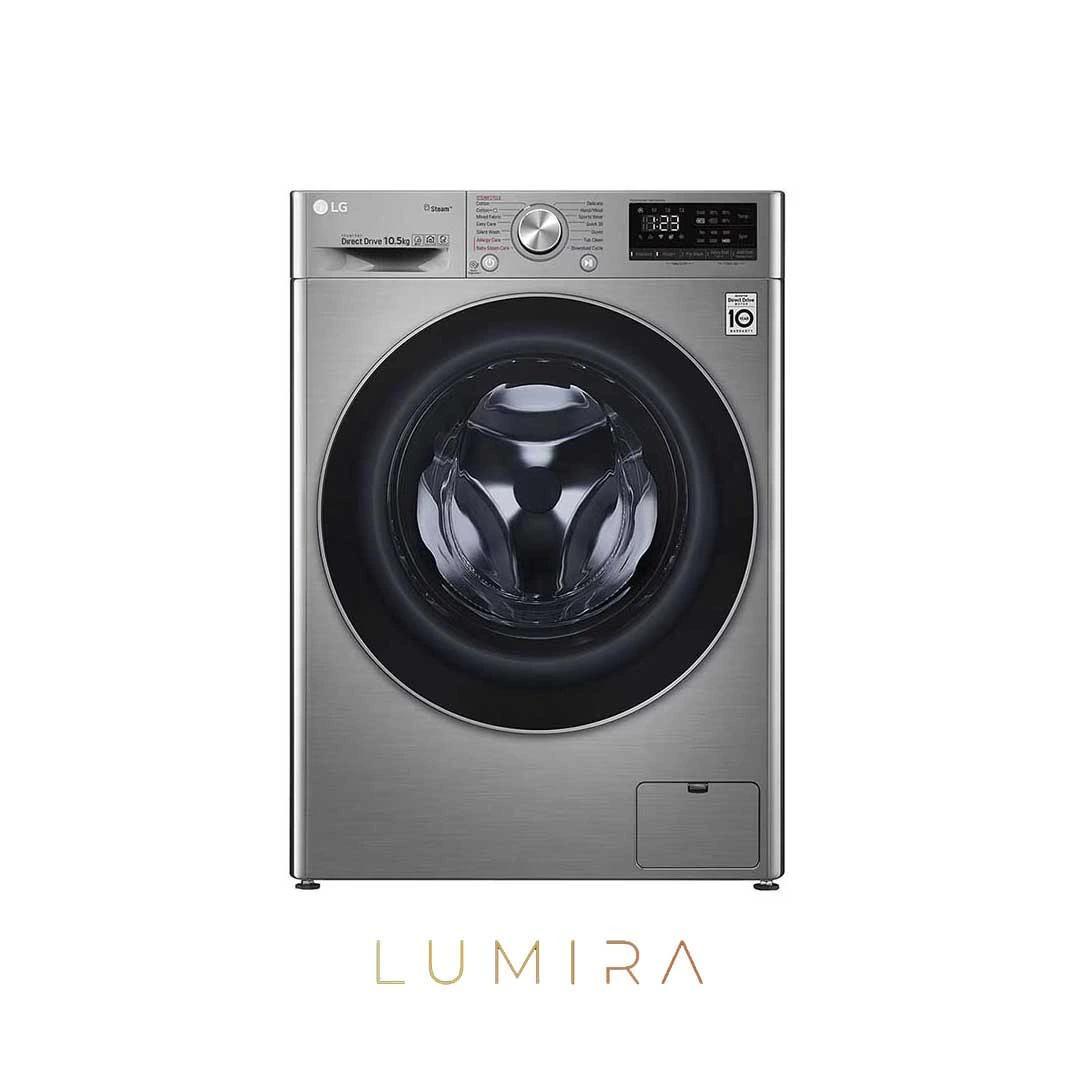 lg-v5-washing-machine-10.5kg-silver-front.webp ماشین لباسشویی الجی V5 ظرفیت 10.5 کیلوگرم رنگ سیلور – نمای روبرو